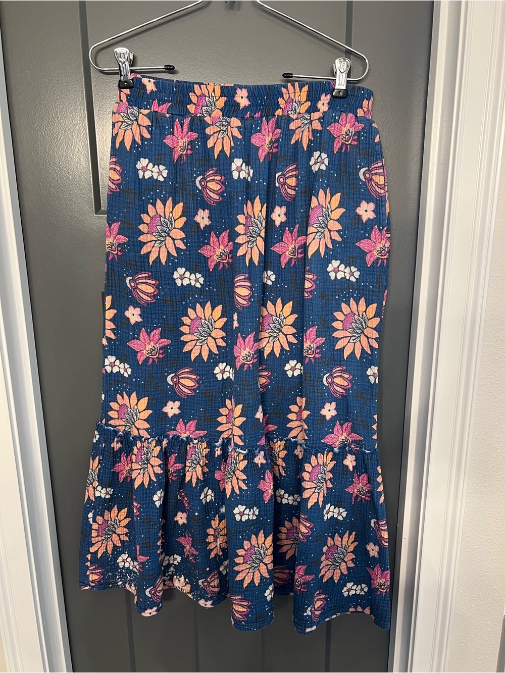 Marine Layer Navy Midi Skirt with Pink and Peach Floral Print. Cottagecore